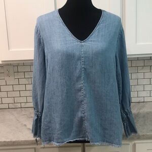 Rails Linen Top Shirt Womens Small Blue Lagenlook Raw Fray Hem Bohemian Peasant